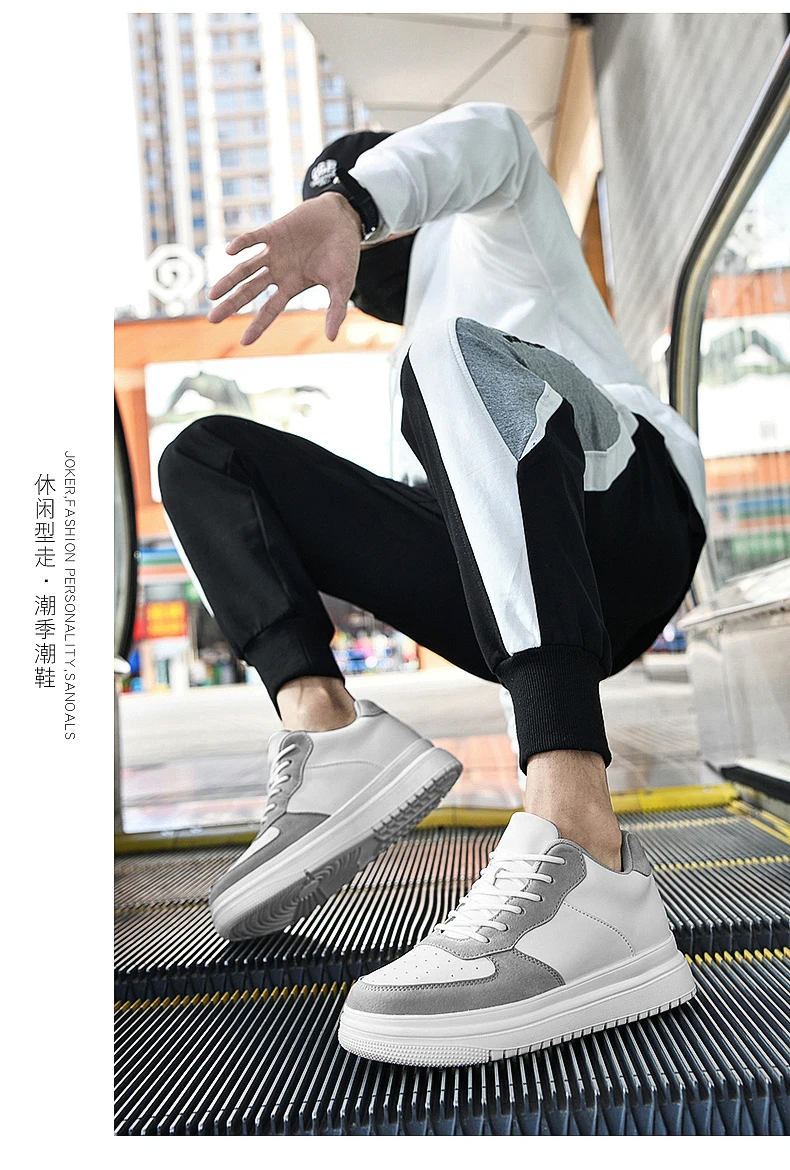 Men Genuine Leather Platform Sneakers Hidden 6-10CM Height Increase Lace Up Cushion Wearproof Street Casual Walking Skate Shoes