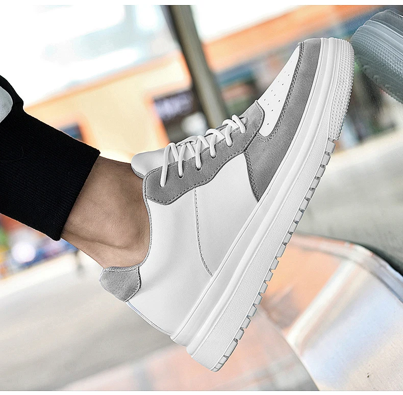 Men Genuine Leather Platform Sneakers Hidden 6-10CM Height Increase Lace Up Cushion Wearproof Street Casual Walking Skate Shoes