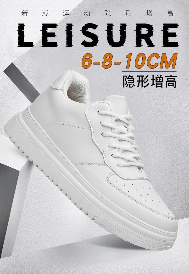 Men Genuine Leather Platform Sneakers Hidden 6-10CM Height Increase Lace Up Cushion Wearproof Street Casual Walking Skate Shoes
