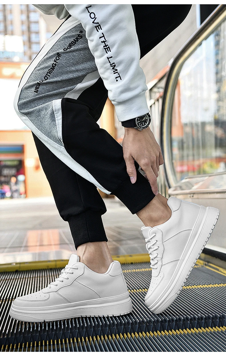 Men Genuine Leather Platform Sneakers Hidden 6-10CM Height Increase Lace Up Cushion Wearproof Street Casual Walking Skate Shoes