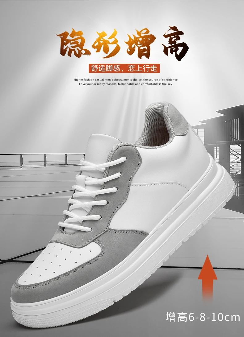 Men Genuine Leather Platform Sneakers Hidden 6-10CM Height Increase Lace Up Cushion Wearproof Street Casual Walking Skate Shoes