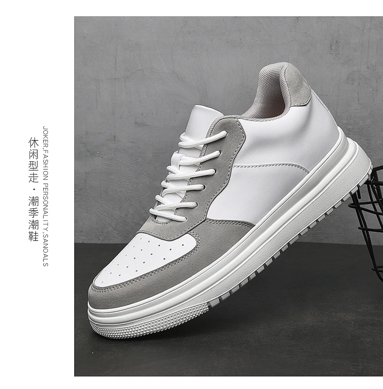 Men Genuine Leather Platform Sneakers Hidden 6-10CM Height Increase Lace Up Cushion Wearproof Street Casual Walking Skate Shoes