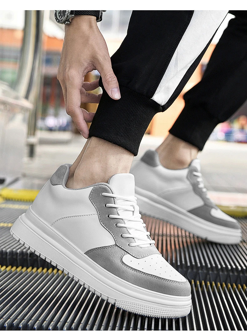 Men Genuine Leather Platform Sneakers Hidden 6-10CM Height Increase Lace Up Cushion Wearproof Street Casual Walking Skate Shoes