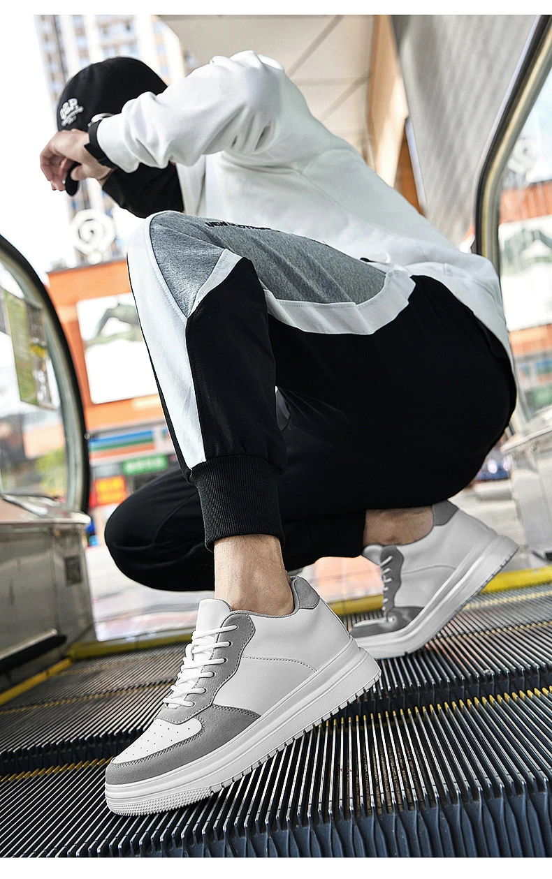 Men Genuine Leather Platform Sneakers Hidden 6-10CM Height Increase Lace Up Cushion Wearproof Street Casual Walking Skate Shoes