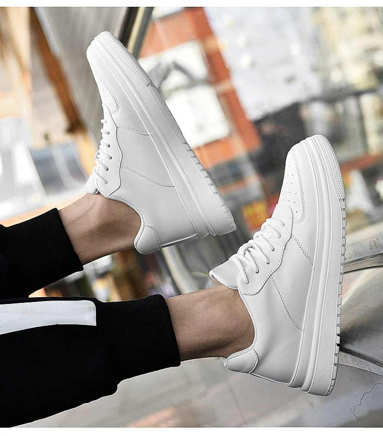 Men Genuine Leather Platform Sneakers Hidden 6-10CM Height Increase Lace Up Cushion Wearproof Street Casual Walking Skate Shoes
