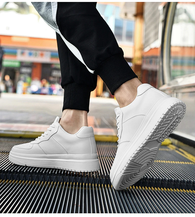 Men Genuine Leather Platform Sneakers Hidden 6-10CM Height Increase Lace Up Cushion Wearproof Street Casual Walking Skate Shoes
