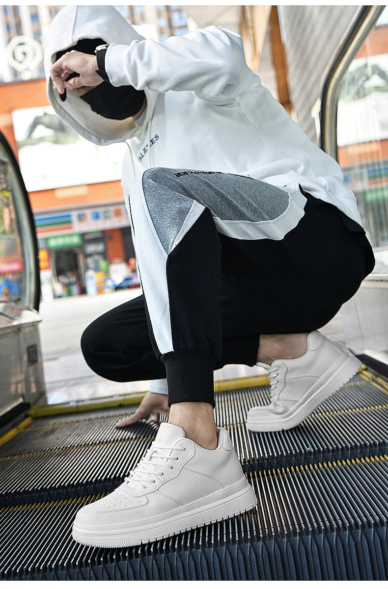 Men Genuine Leather Platform Sneakers Hidden 6-10CM Height Increase Lace Up Cushion Wearproof Street Casual Walking Skate Shoes