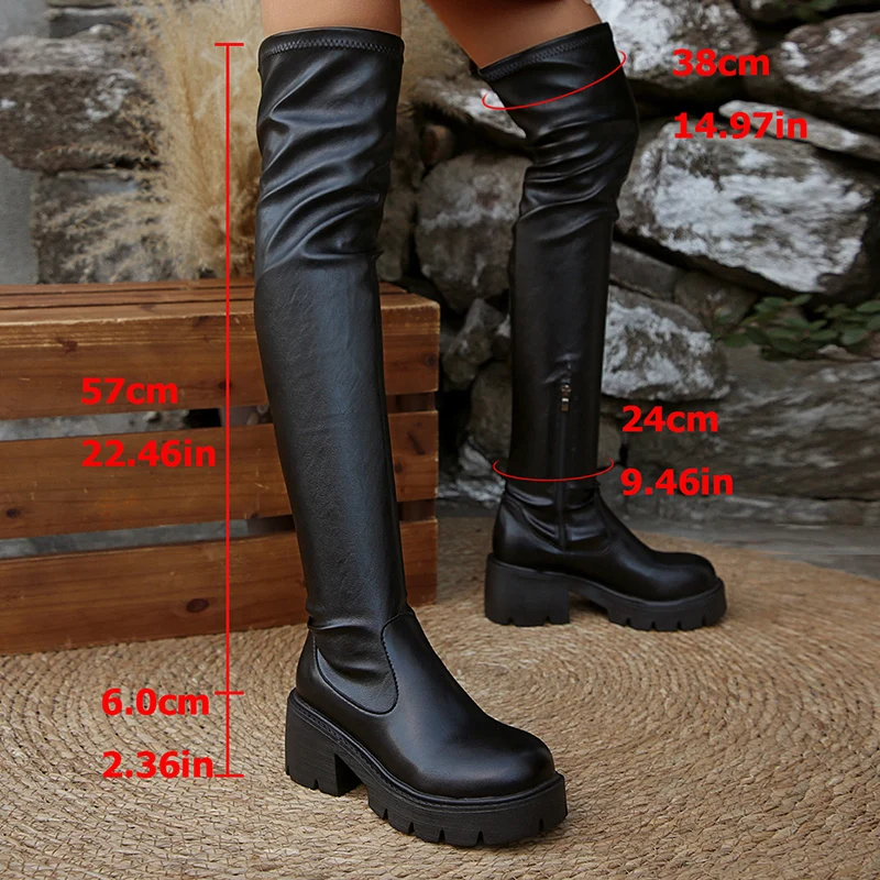 Black Pu Leather Thigh High Boots Women 2026 Autumn Chunky Platform Over The Knee Boots Woman Thick Heel Stretchy Long Booties