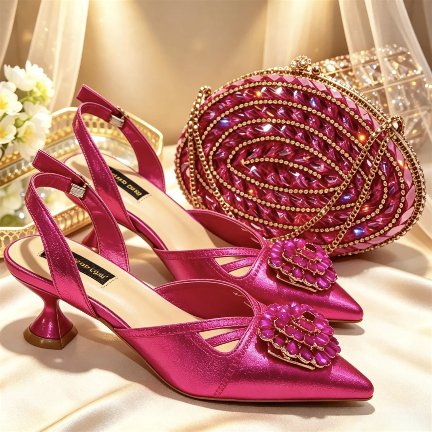 Elegant Italian Designer Women's Heel and Bag Set - Comfortable Red Shoes Adorned with Rhinestones for Parties