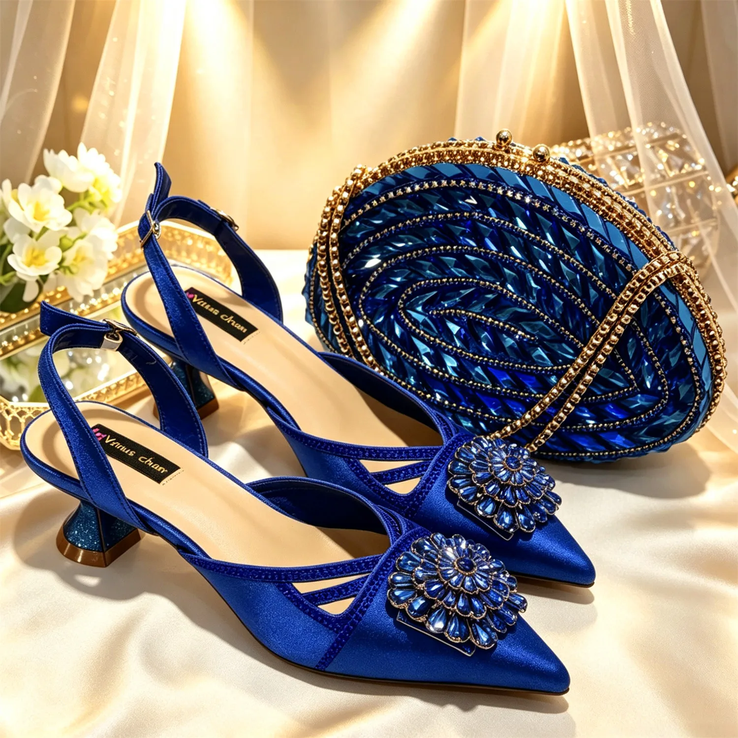 Elegant Italian Designer Women's Heel and Bag Set - Comfortable Red Shoes Adorned with Rhinestones for Parties