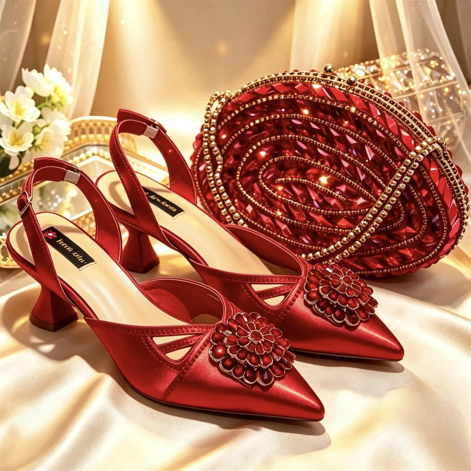 Elegant Italian Designer Women's Heel and Bag Set - Comfortable Red Shoes Adorned with Rhinestones for Parties