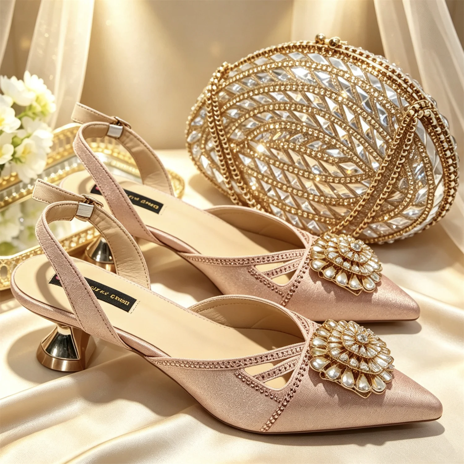 Elegant Italian Designer Women's Heel and Bag Set - Comfortable Red Shoes Adorned with Rhinestones for Parties