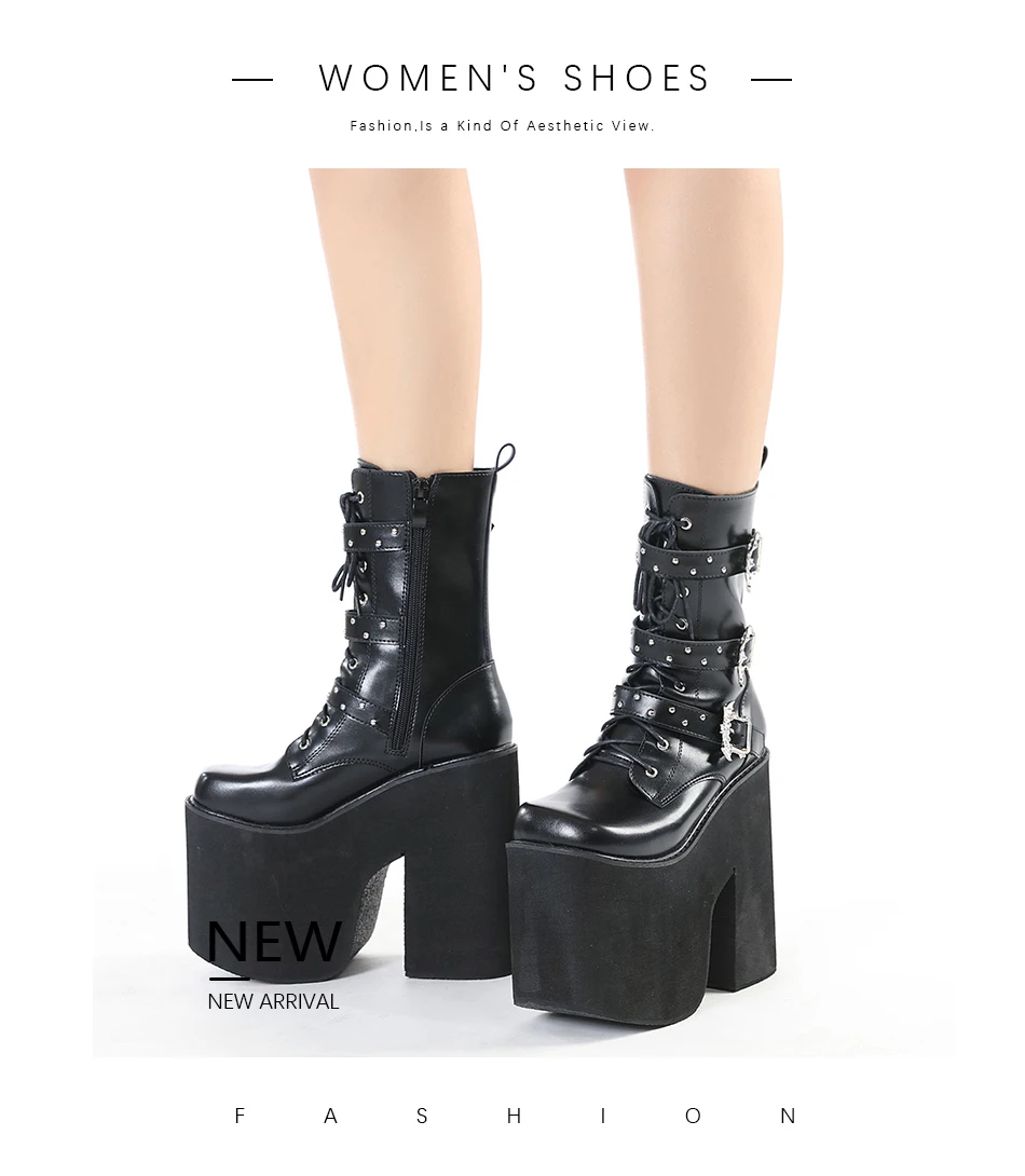 Gdgydh Lace up Chunky Heel Mid Calf Booties for Women Block High Heel Platform Combat Boots Gothic Metal Bat Gothic Shoes