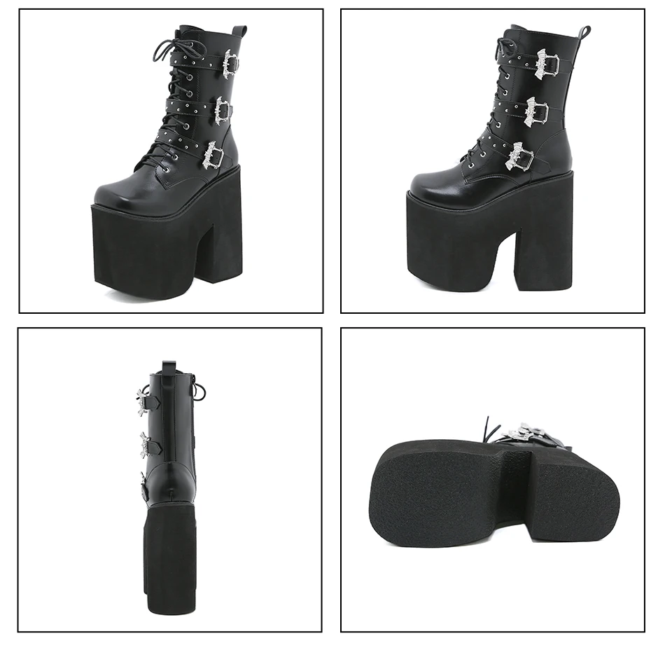 Gdgydh Lace up Chunky Heel Mid Calf Booties for Women Block High Heel Platform Combat Boots Gothic Metal Bat Gothic Shoes