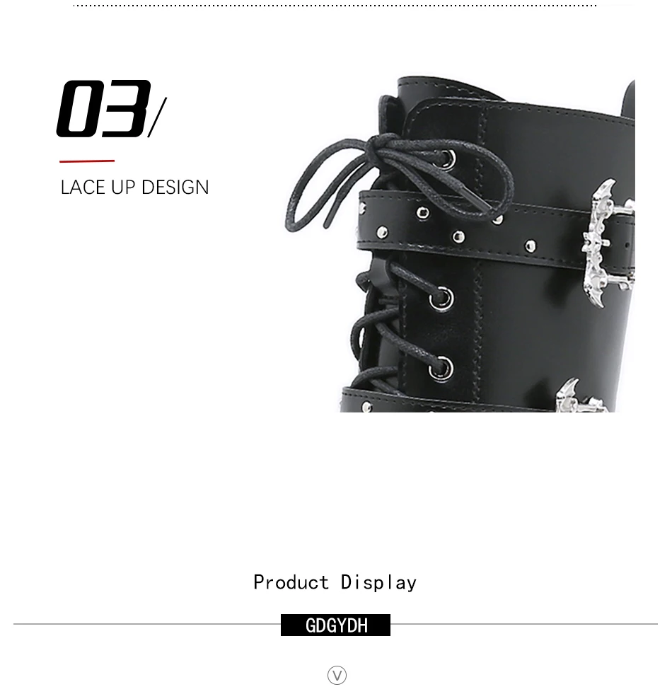 Gdgydh Lace up Chunky Heel Mid Calf Booties for Women Block High Heel Platform Combat Boots Gothic Metal Bat Gothic Shoes