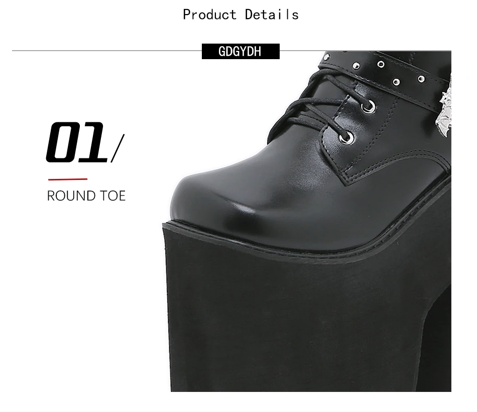 Gdgydh Lace up Chunky Heel Mid Calf Booties for Women Block High Heel Platform Combat Boots Gothic Metal Bat Gothic Shoes