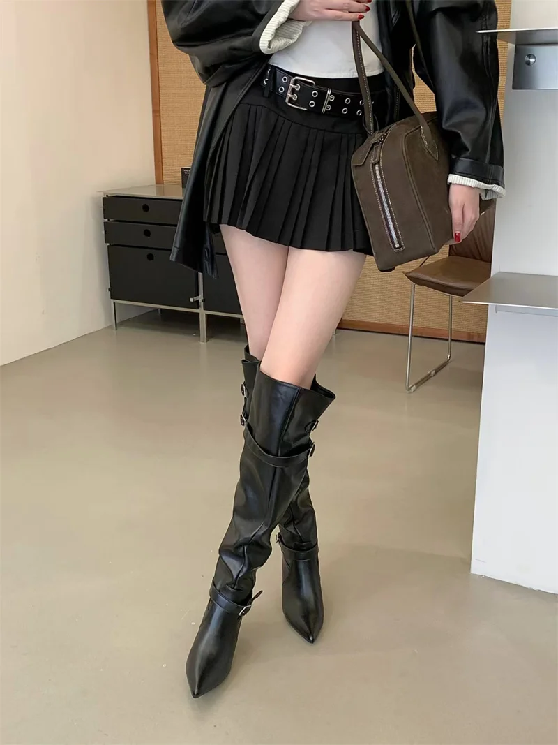 ZAROY Women High Boots Black Leather Pointed Toe Thin High Heels Cozy Knee-High Boots Punk Buckle Strap Pleated Knight Booties