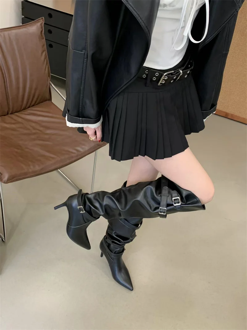 ZAROY Women High Boots Black Leather Pointed Toe Thin High Heels Cozy Knee-High Boots Punk Buckle Strap Pleated Knight Booties