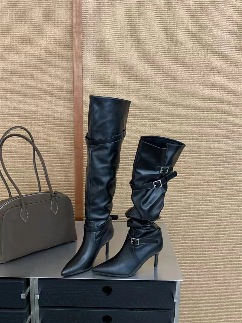 ZAROY Women High Boots Black Leather Pointed Toe Thin High Heels Cozy Knee-High Boots Punk Buckle Strap Pleated Knight Booties