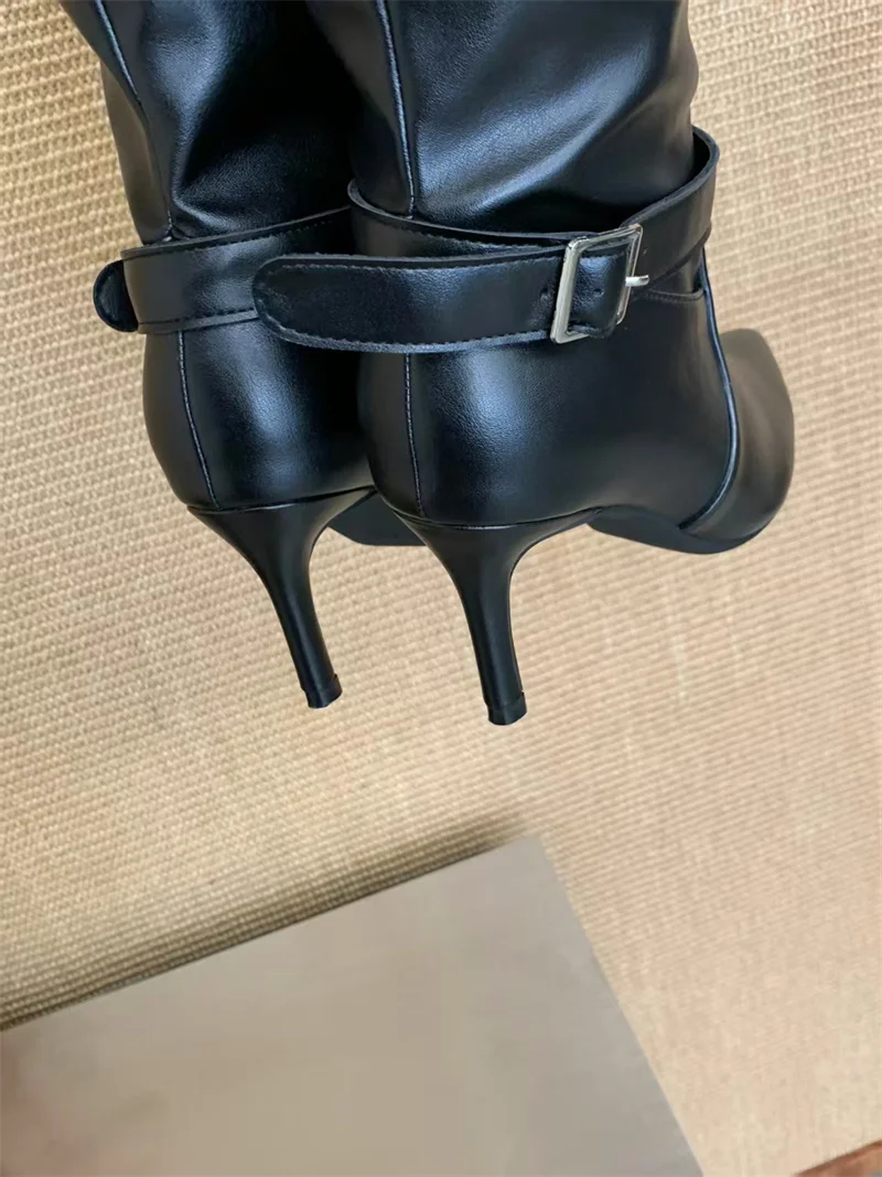 ZAROY Women High Boots Black Leather Pointed Toe Thin High Heels Cozy Knee-High Boots Punk Buckle Strap Pleated Knight Booties