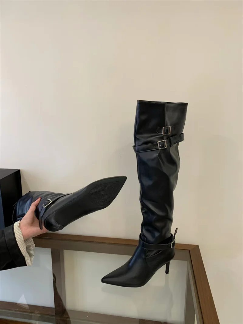ZAROY Women High Boots Black Leather Pointed Toe Thin High Heels Cozy Knee-High Boots Punk Buckle Strap Pleated Knight Booties