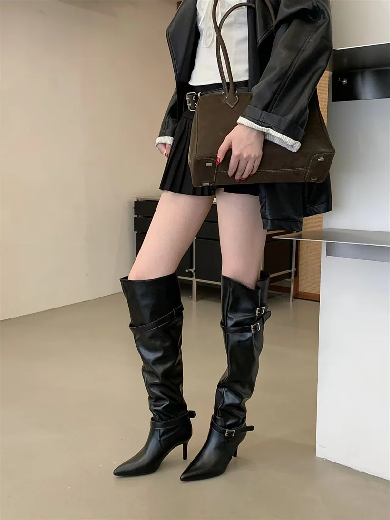 ZAROY Women High Boots Black Leather Pointed Toe Thin High Heels Cozy Knee-High Boots Punk Buckle Strap Pleated Knight Booties