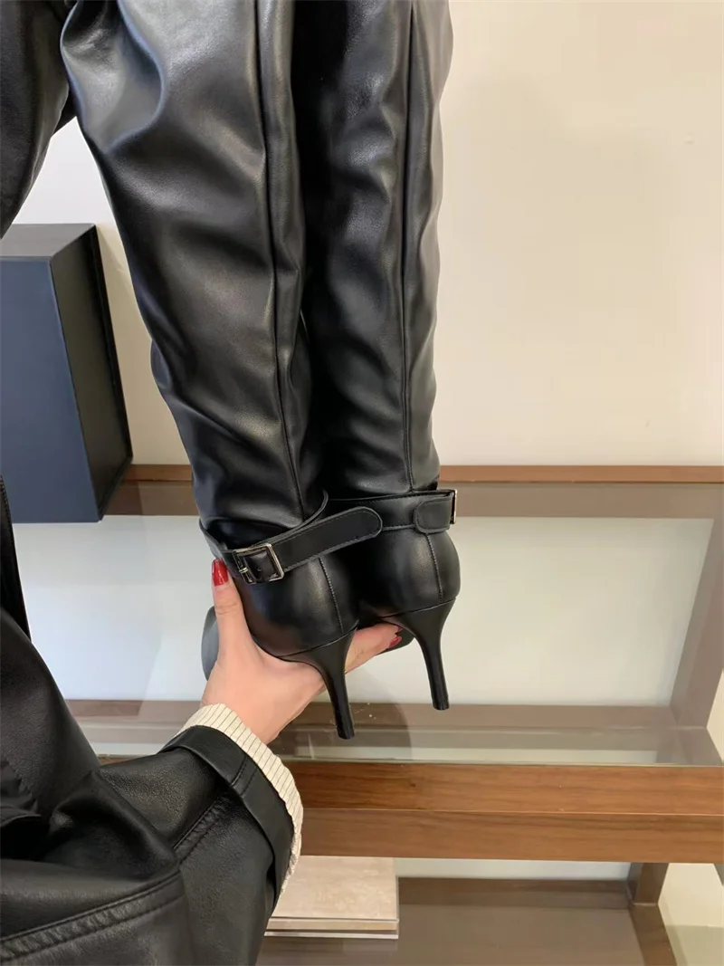 ZAROY Women High Boots Black Leather Pointed Toe Thin High Heels Cozy Knee-High Boots Punk Buckle Strap Pleated Knight Booties