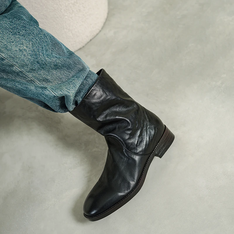 SmallHut New Trend Women Autumn Winter Genuine Cow Leather Ankle Boots Black Low Heels Round Toe Fashion Slip-on LowLoad Boots
