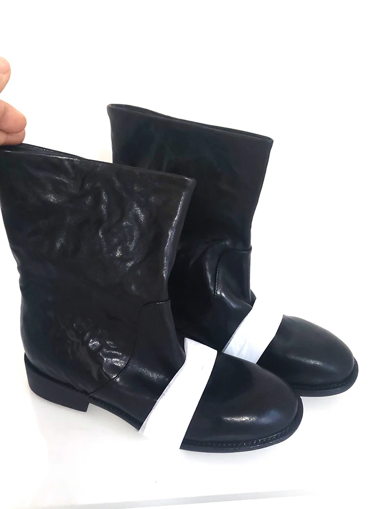 SmallHut New Trend Women Autumn Winter Genuine Cow Leather Ankle Boots Black Low Heels Round Toe Fashion Slip-on LowLoad Boots