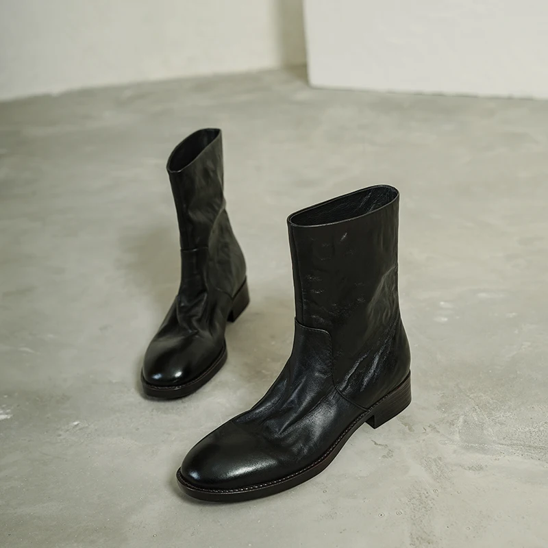 SmallHut New Trend Women Autumn Winter Genuine Cow Leather Ankle Boots Black Low Heels Round Toe Fashion Slip-on LowLoad Boots