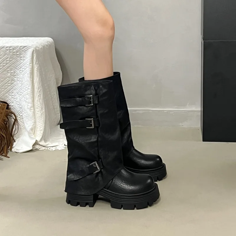Women Platform Chunky Heel Mid Calf Boots Buckle Strap Pleated Faux Leather Shoes Casual Autumn Thick Sole Motorcycle Boots