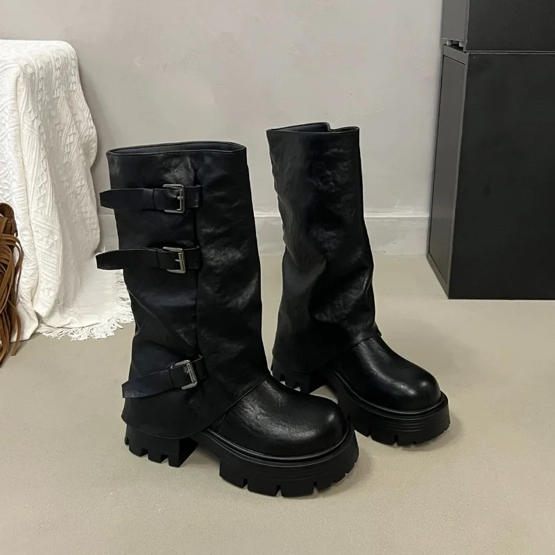 Women Platform Chunky Heel Mid Calf Boots Buckle Strap Pleated Faux Leather Shoes Casual Autumn Thick Sole Motorcycle Boots