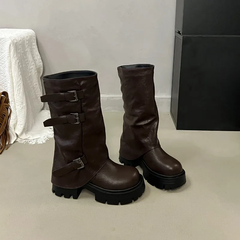 Women Platform Chunky Heel Mid Calf Boots Buckle Strap Pleated Faux Leather Shoes Casual Autumn Thick Sole Motorcycle Boots