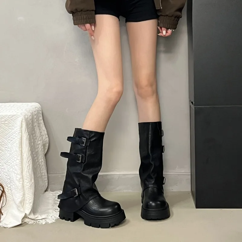 Women Platform Chunky Heel Mid Calf Boots Buckle Strap Pleated Faux Leather Shoes Casual Autumn Thick Sole Motorcycle Boots