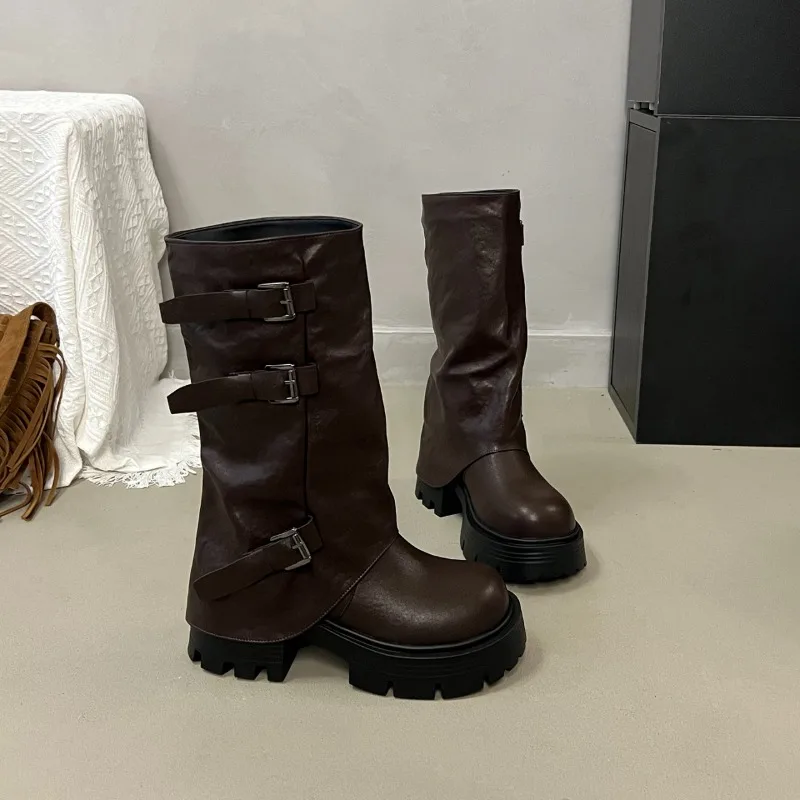 Women Platform Chunky Heel Mid Calf Boots Buckle Strap Pleated Faux Leather Shoes Casual Autumn Thick Sole Motorcycle Boots
