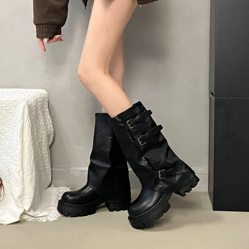 Women Platform Chunky Heel Mid Calf Boots Buckle Strap Pleated Faux Leather Shoes Casual Autumn Thick Sole Motorcycle Boots