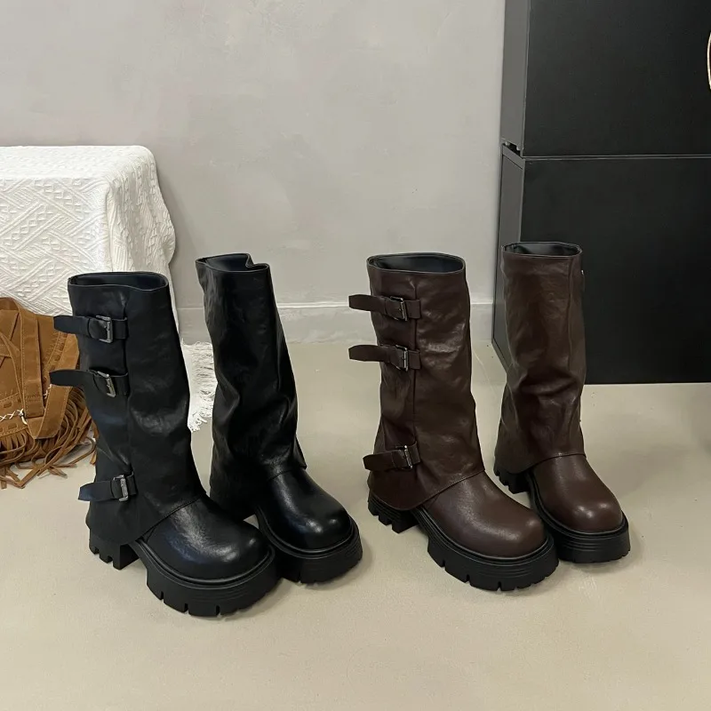 Women Platform Chunky Heel Mid Calf Boots Buckle Strap Pleated Faux Leather Shoes Casual Autumn Thick Sole Motorcycle Boots