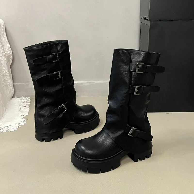 Women Platform Chunky Heel Mid Calf Boots Buckle Strap Pleated Faux Leather Shoes Casual Autumn Thick Sole Motorcycle Boots