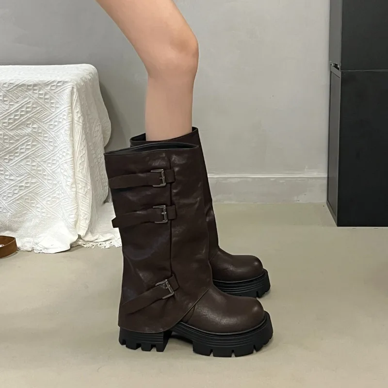 Women Platform Chunky Heel Mid Calf Boots Buckle Strap Pleated Faux Leather Shoes Casual Autumn Thick Sole Motorcycle Boots