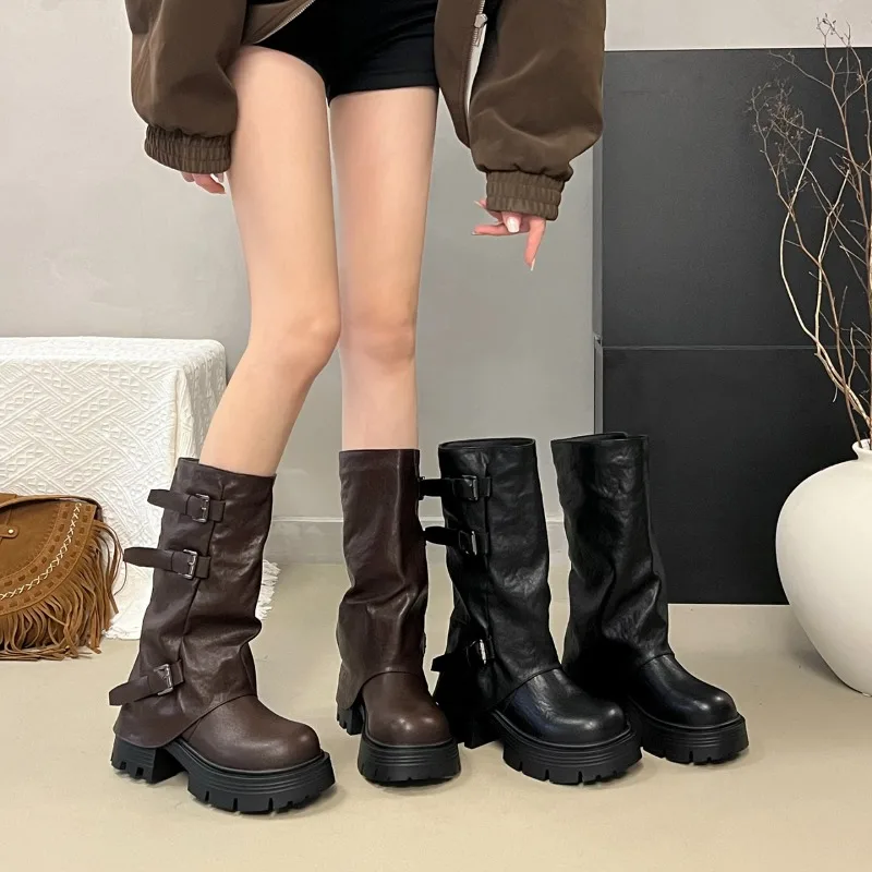 Women Platform Chunky Heel Mid Calf Boots Buckle Strap Pleated Faux Leather Shoes Casual Autumn Thick Sole Motorcycle Boots