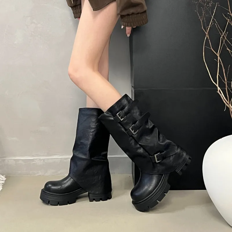 Women Platform Chunky Heel Mid Calf Boots Buckle Strap Pleated Faux Leather Shoes Casual Autumn Thick Sole Motorcycle Boots