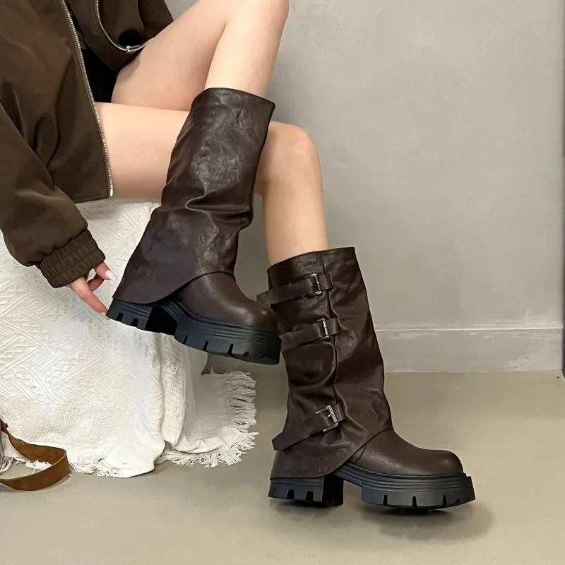 Women Platform Chunky Heel Mid Calf Boots Buckle Strap Pleated Faux Leather Shoes Casual Autumn Thick Sole Motorcycle Boots