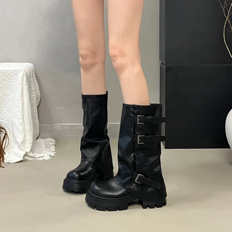 Women Platform Chunky Heel Mid Calf Boots Buckle Strap Pleated Faux Leather Shoes Casual Autumn Thick Sole Motorcycle Boots