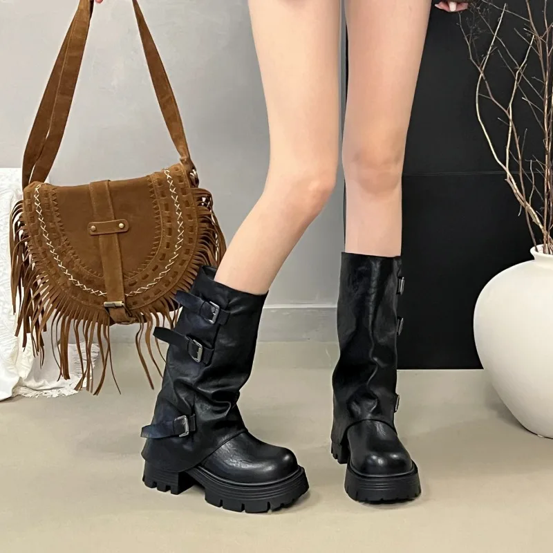 Women Platform Chunky Heel Mid Calf Boots Buckle Strap Pleated Faux Leather Shoes Casual Autumn Thick Sole Motorcycle Boots