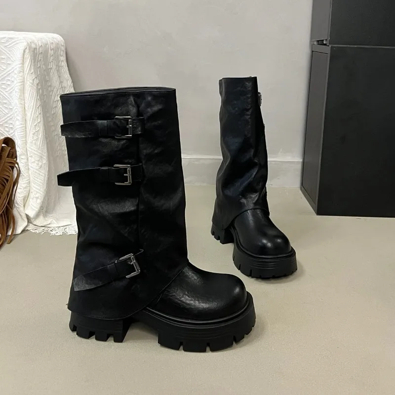 Women Platform Chunky Heel Mid Calf Boots Buckle Strap Pleated Faux Leather Shoes Casual Autumn Thick Sole Motorcycle Boots