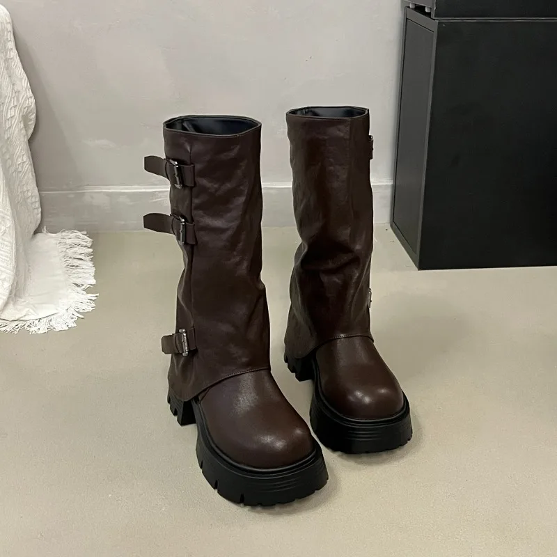 Women Platform Chunky Heel Mid Calf Boots Buckle Strap Pleated Faux Leather Shoes Casual Autumn Thick Sole Motorcycle Boots