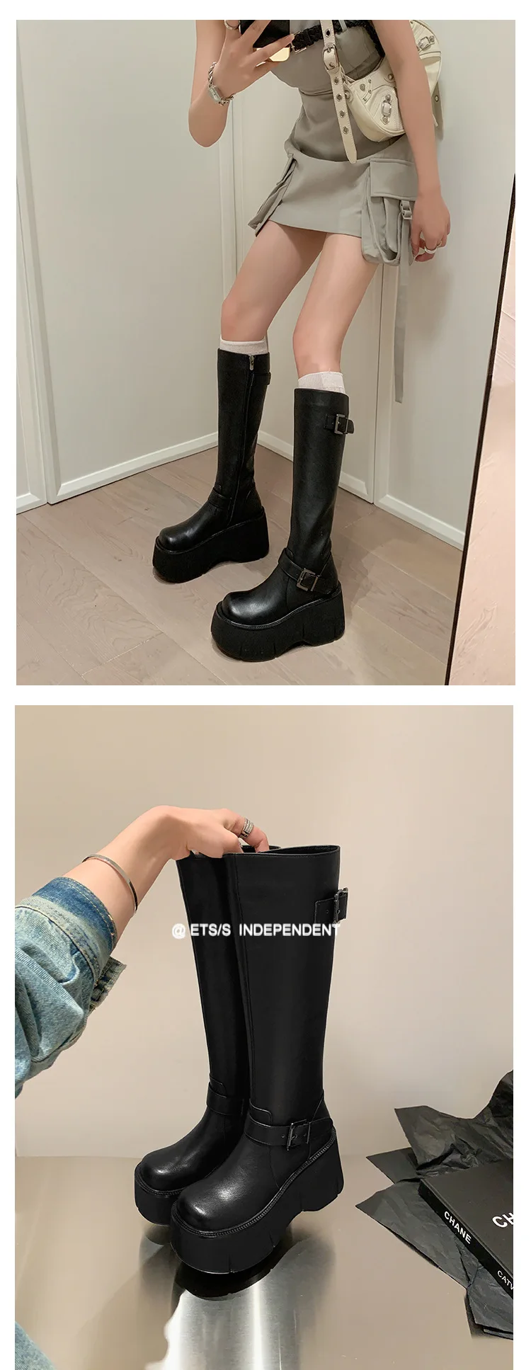 2024 Women's Shoes Basic Women's Boots Classics Knee-High Boots Women Belt Buckle Side Zip Round Toe Wedge Platform Shoes Ladies