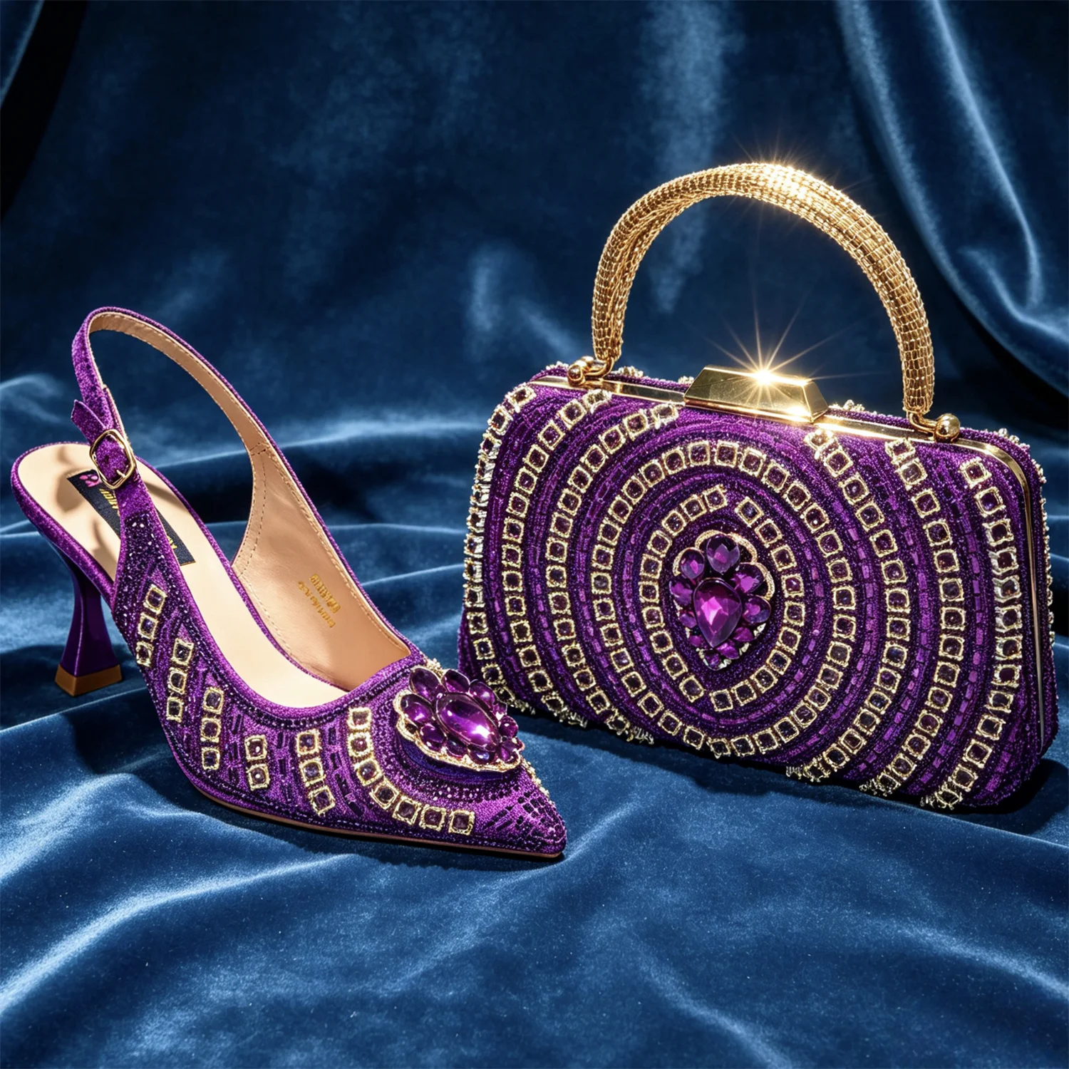 Latest African Women Shoes and Bags Italy Elegant Heeled Shoes for Women Italian Shoe and Bag Pumps Decorated with Rhinestone