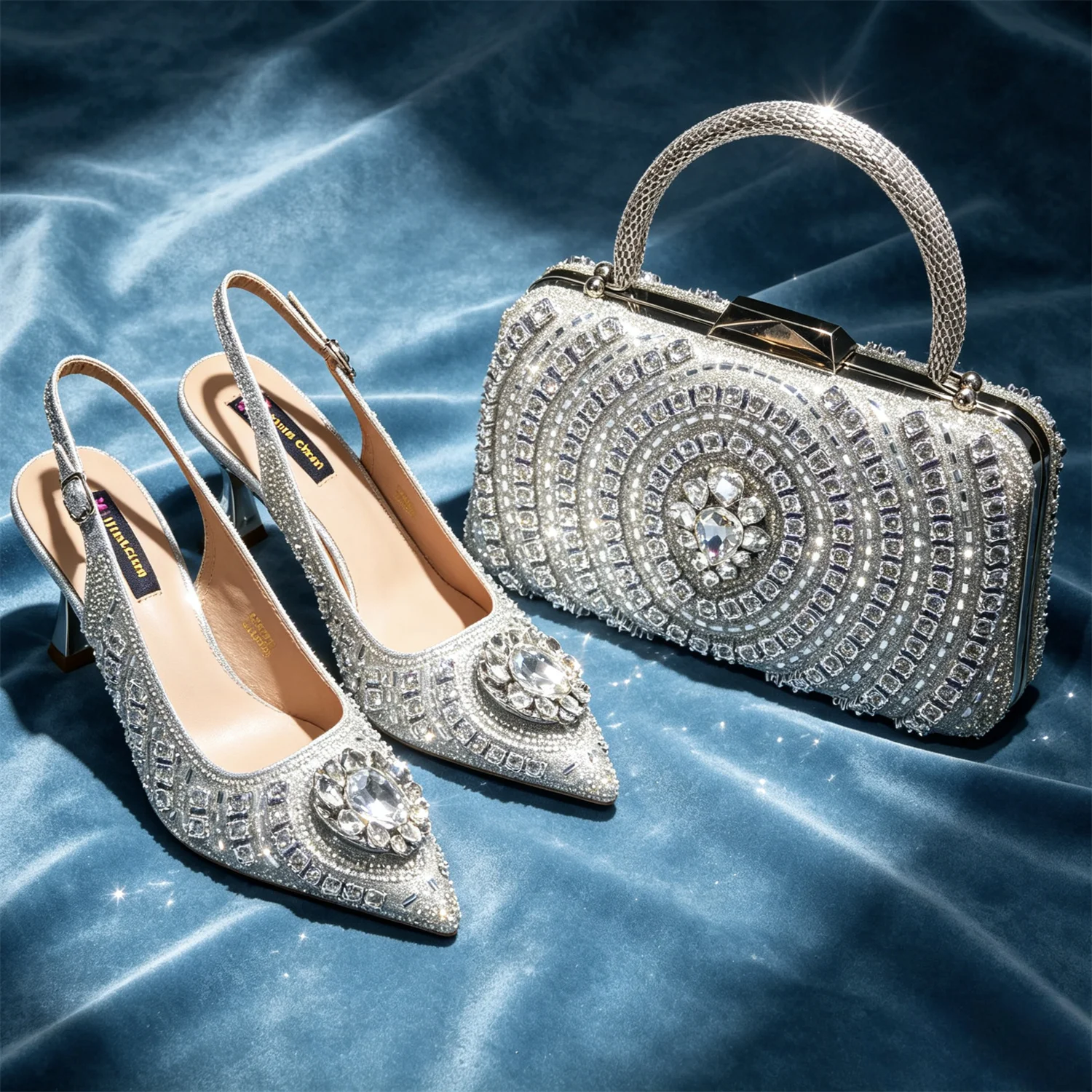 Latest African Women Shoes and Bags Italy Elegant Heeled Shoes for Women Italian Shoe and Bag Pumps Decorated with Rhinestone