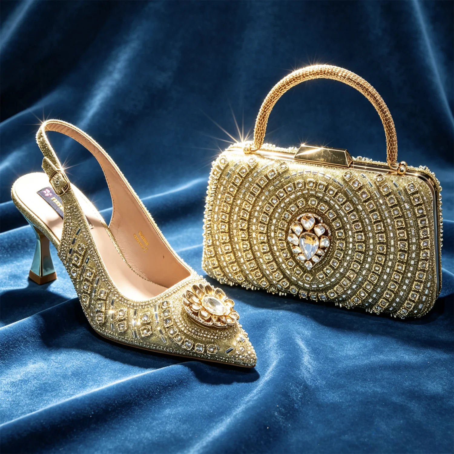 Latest African Women Shoes and Bags Italy Elegant Heeled Shoes for Women Italian Shoe and Bag Pumps Decorated with Rhinestone